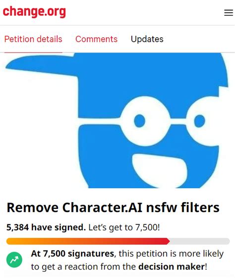 20 Mar 2023 ... ... change.org/p/remove-character-ai-nsfw-filters?utm_content=cl_sharecopy_35367088_es-AR%3A1&recruited_by_id=6ac53f90-c77b-11ed-85b7 ...